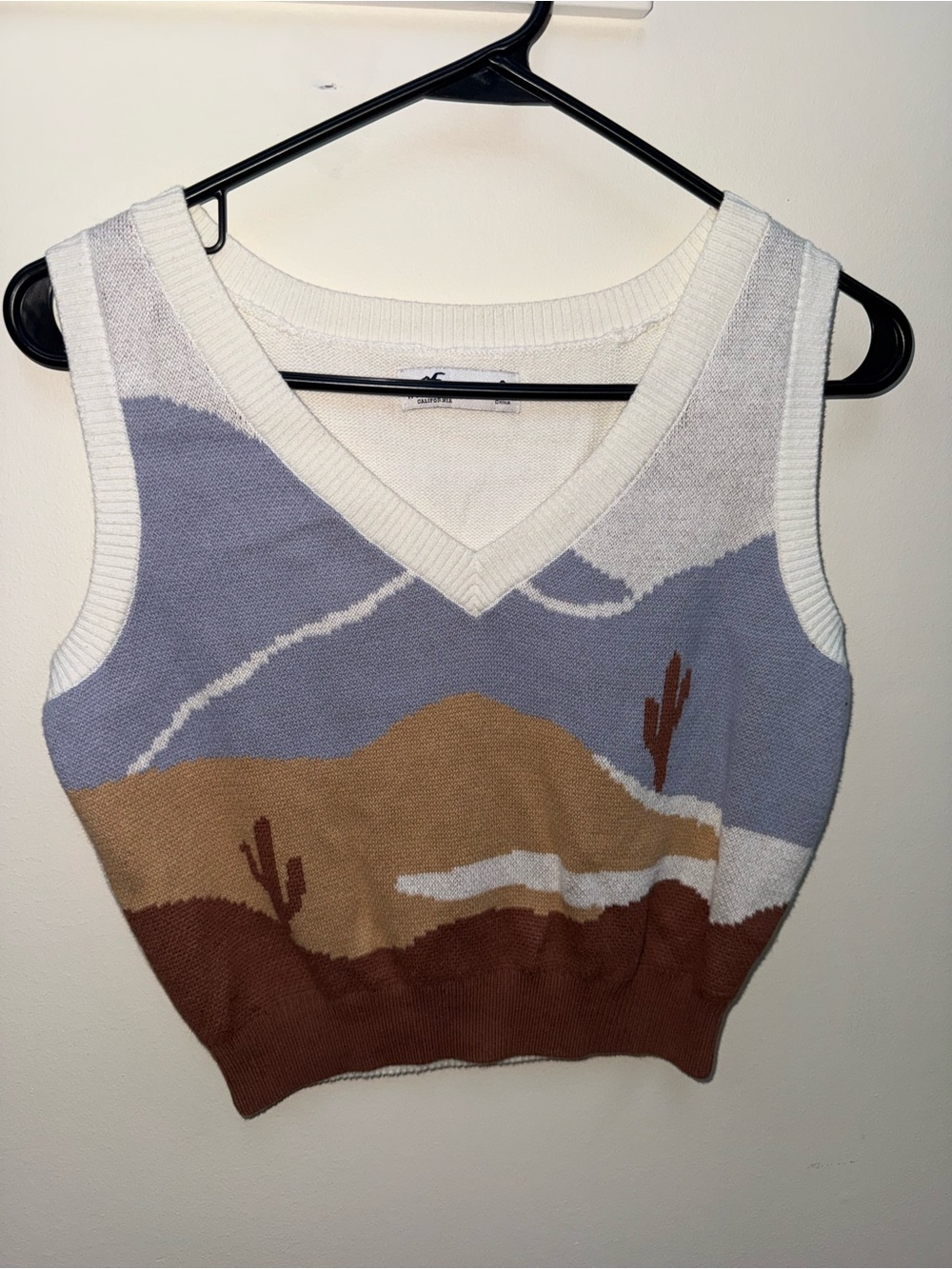 Hollister Women's Desert Scenic V-Neck Knit Vest in Beige & Blue